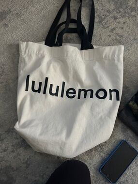 lululemon athletica White Canvas Tote with Black Logo and Handles